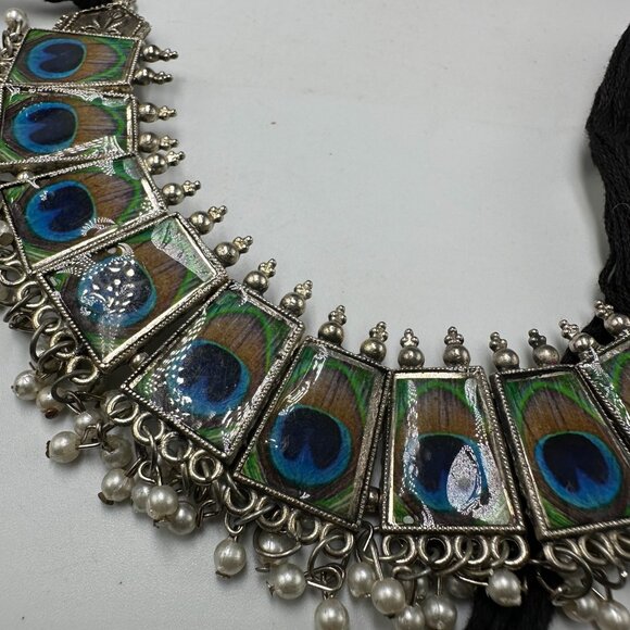 3/$30 Peacock Statement Necklace Silver Adjustable Fabric Cord Beaded Jewelry - Picture 9 of 11